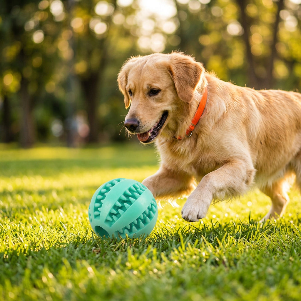 Turquoise dog toy ball with textured surface on a white background