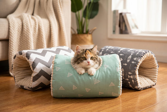 Three rolled fabric baby blankets with different patterns are displayed side-by-side on a plain white background. The left blanket features a black and white chevron pattern, the middle blanket is light blue with small white triangle prints, and the right blanket is slate blue with white fish prints.